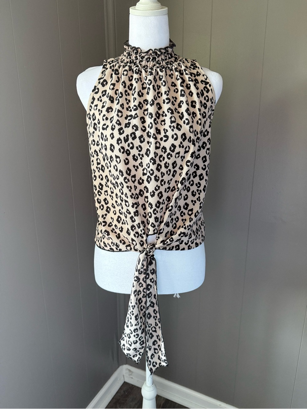 Smocked Neck Leopard Tie-Front Sleeveless Blouse - Beige